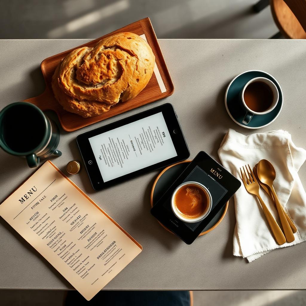 Modern restaurant counter with a Square POS tablet, menu, and espresso